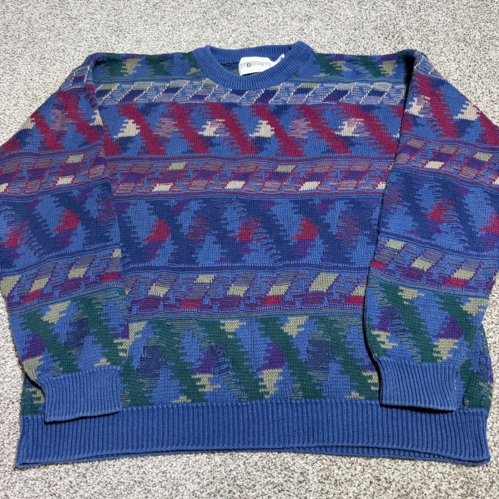 Vintage J T Beckett Men L Geometric Knit Sweater Colorful Retro USA Grandpa